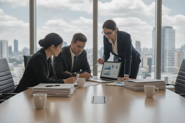 Practitioners reviewing a marked-up delivery plan at a drafting table